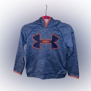 Under Armour Boys Heathered Blue Hoodie with Vibrant Orange Logo, Size YM